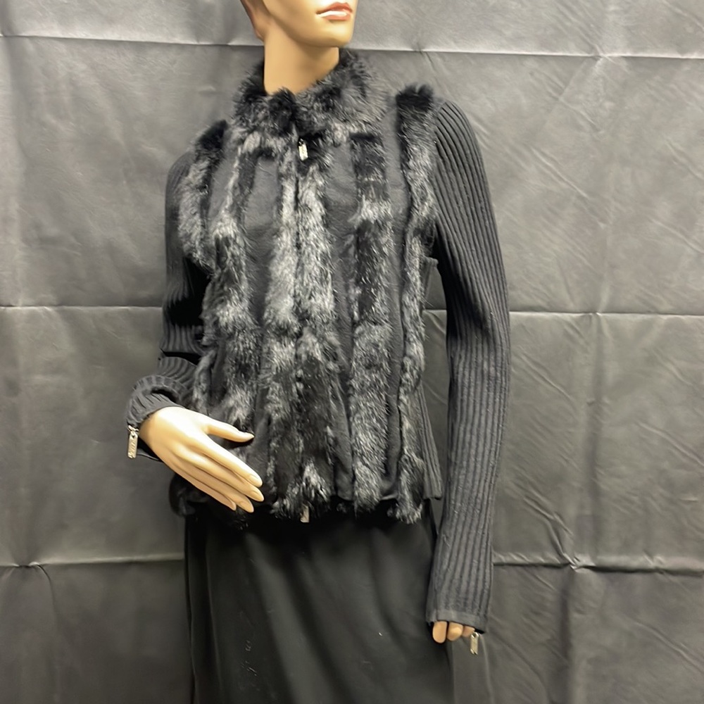 Vintage Dolce Cabo Black Knit Fur Front Zipper Cardigan - Picture 5 of 14
